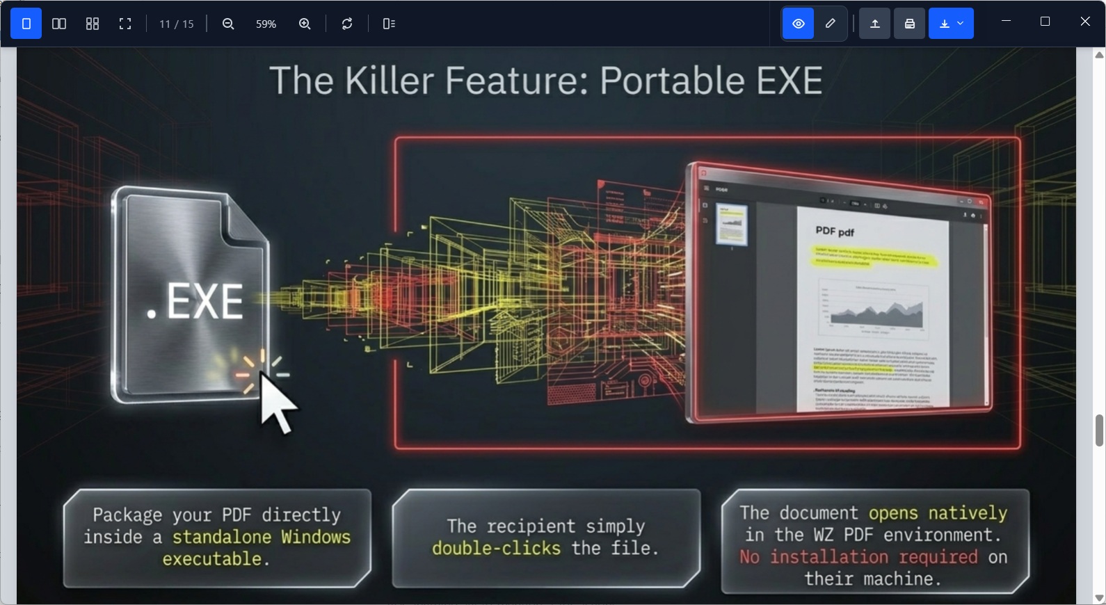 WZ-PDF PDF to EXE Portable Executable feature and signature dialog screenshot